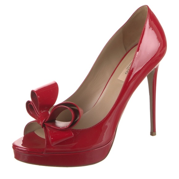 Valentino Garavani Peep Toe Bow Pin Up Heels Red - Picture 1 of 8